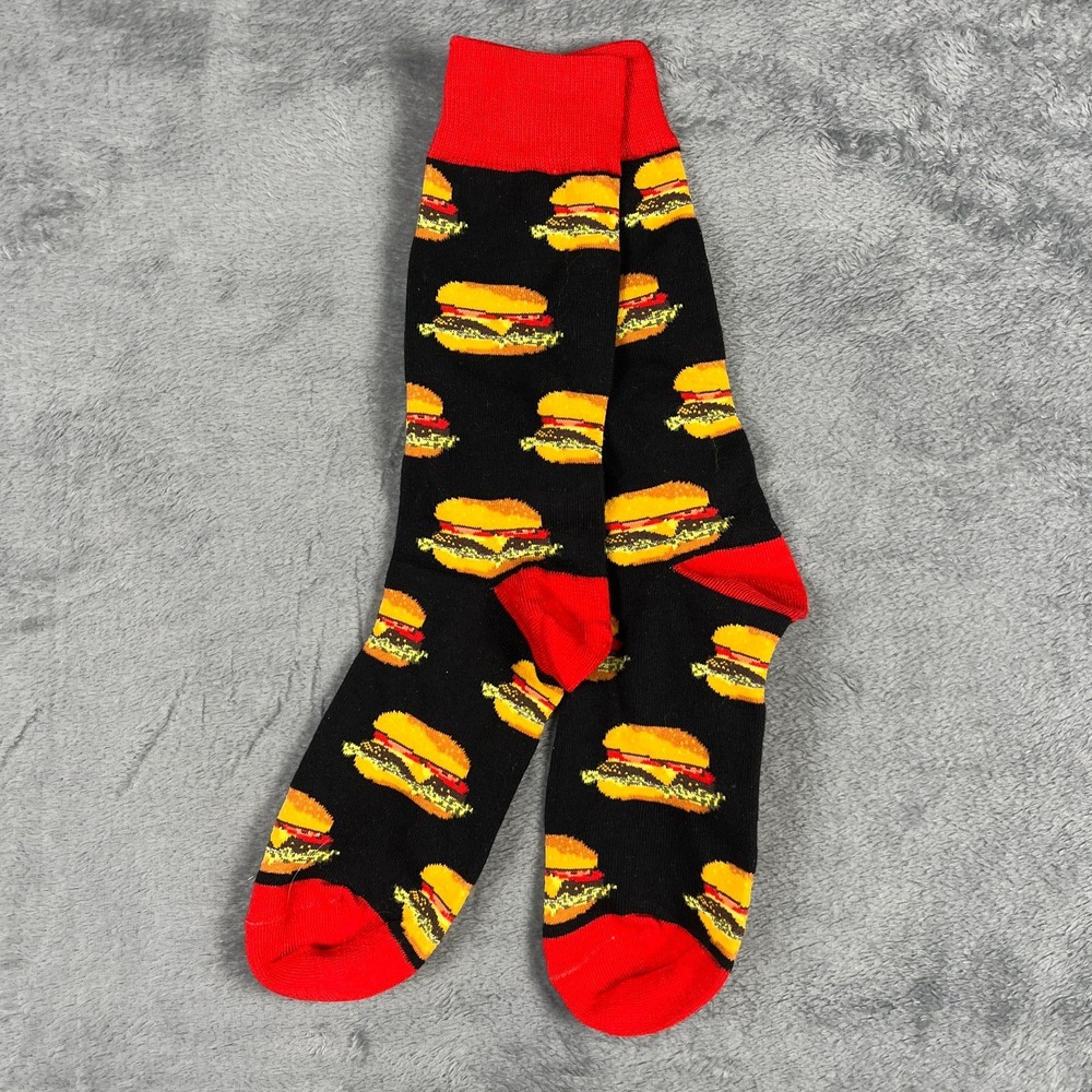 Novelty Burger Crew Socks Mens Black Stretch Graphic Mid Calf Birthdays Holidays